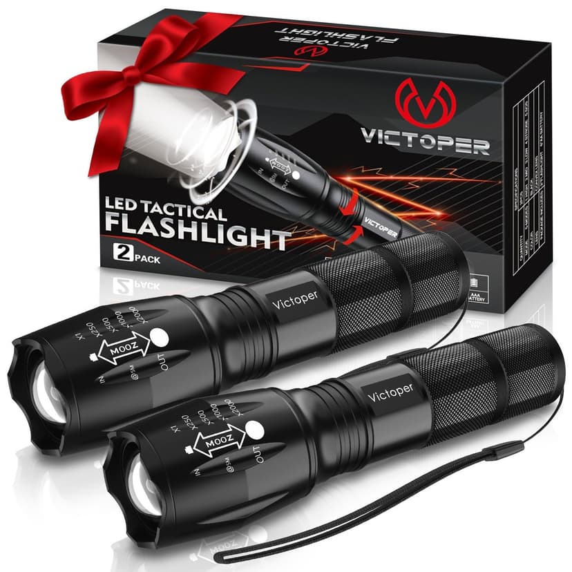Victoper LED Flashlight 2 Pack, Bright Tactical Torch High Lumens with 5 Modes, Waterproof Zoomable Flash Light for Outdoor, Gifts for Father's Day, Dorm Room Hiking Camping Essentials Gear for Guys