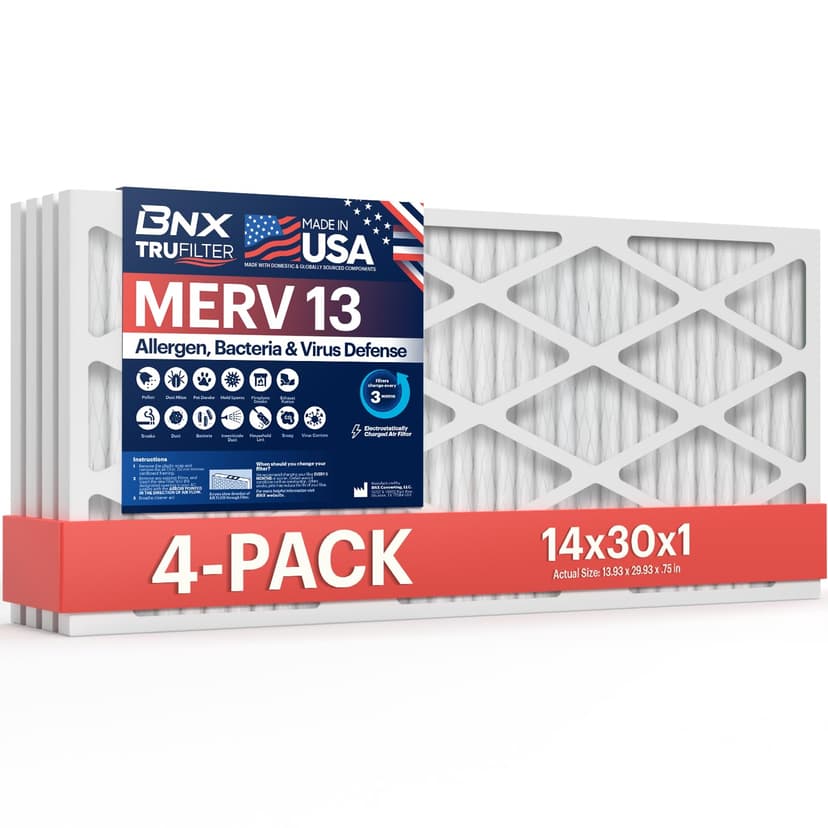 BNX TruFilter 14x30x1 Air Filter MERV 13 (4-Pack) - MADE IN USA - Electrostatic Pleated Air Conditioner HVAC AC Furnace Filters for Allergies, Pollen, Mold, Bacteria, Smoke, Allergen, MPR 1900 FPR 10