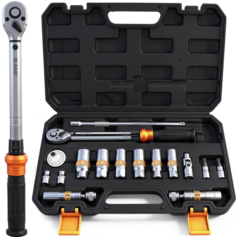 ELEAD 16-Piece Spark Plug Socket Set, 3/8" Drive Swivel Magnetic Spark Plug Removal Tool Kit with Torque Wrench (5–45 lb-ft), E-Torx & Torx Bit Sockets, Extensions & Universal Joint