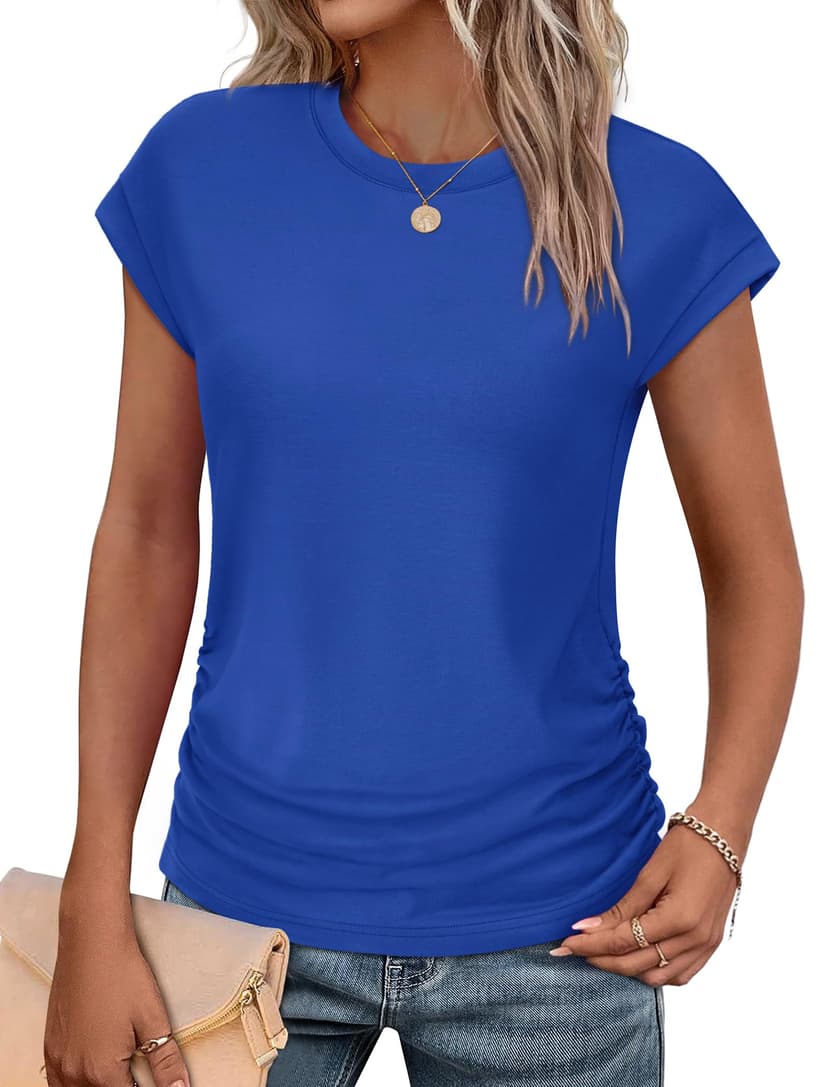 SAMPEEL Womens Summer Tops Trendy 2025 Ruched Cap Short Sleeve Tshirts Shirts Crew Neck T Shirts Fashion