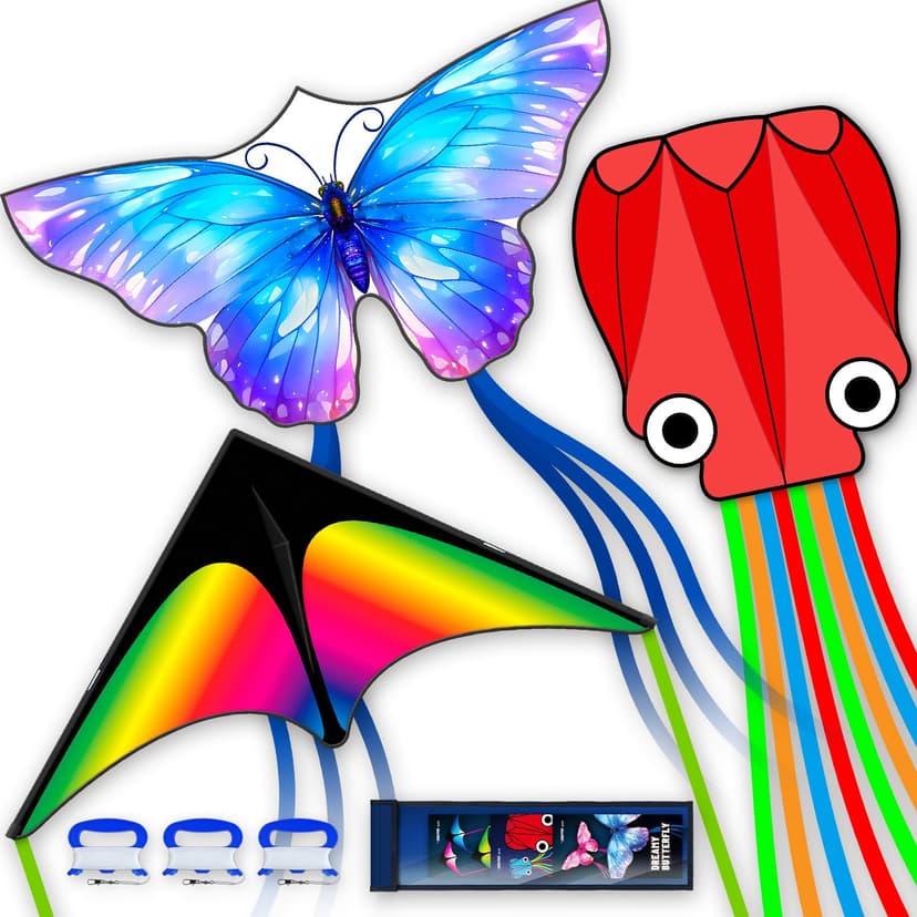 SGftre 3 Piece Set Butterfly Delta Octopus Kites for Kids and Adults,Easy to Fly for Outdoor Adults Children Line Kite for Kids Toy (Gradient Grassland Rainbow+Octopus Red+Blue Dreamy Butterfly, 3)
