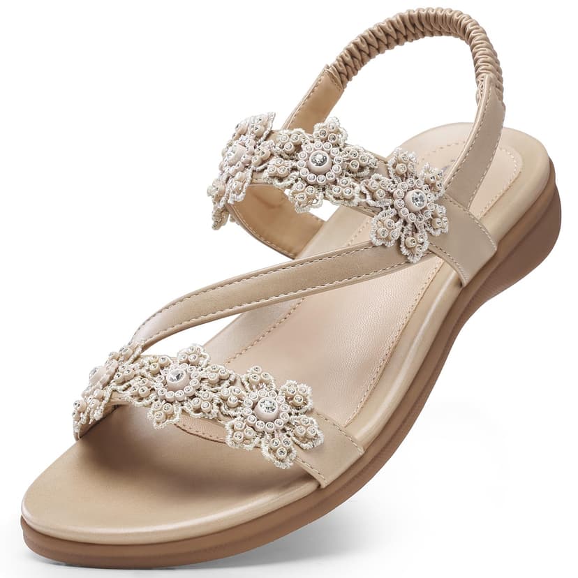 TEMOFON Sandals for Women Flat Dressy Summer Flower Sandals with Ankle Strap Comfortable Casual Walking Flat Sandals Size 5-11