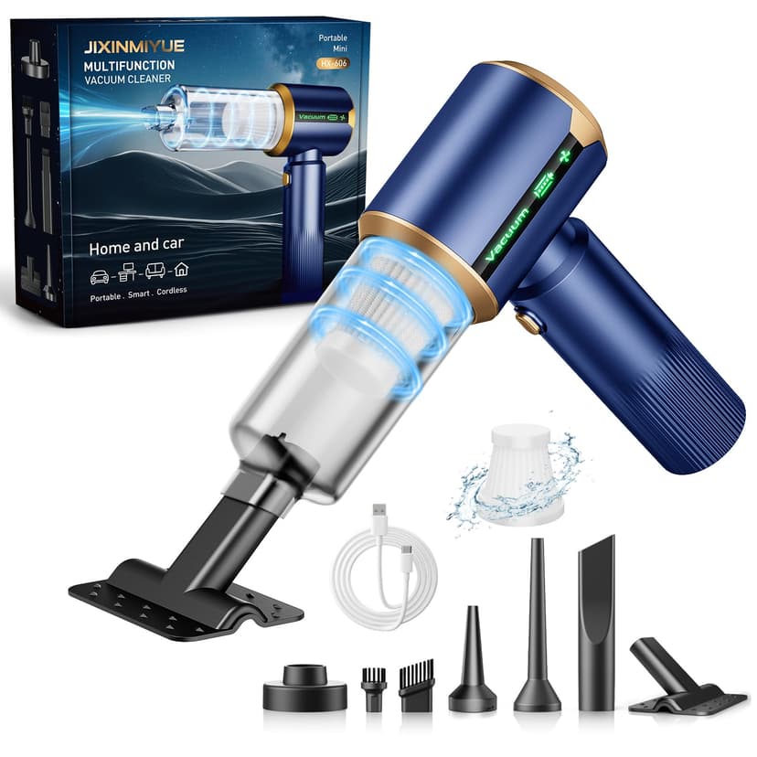 JIXINMIYUE Cordless Car Vacuum Cleaner: Handheld Vacuum with 16000Pa Strong Suction, Brushless Motor & HEPA Filter, 7-in-1 Cleaning Kit, Type-C Charging for Home Office Car Pet - Navy Blue
