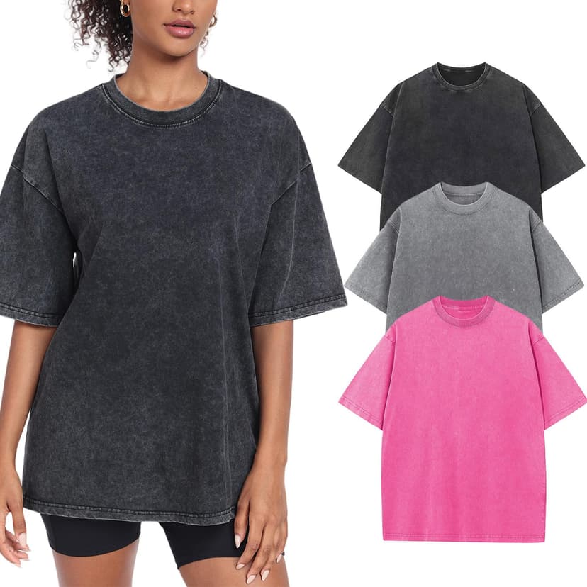 SnowElve Womens Washed Vintage Oversized T-Shirt Baggy Workout Tops Short Sleeve Cotton Tshirts Streetwear Boyfriend Tee