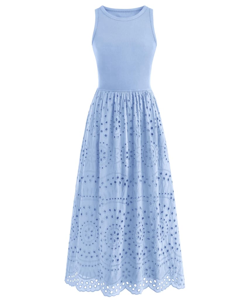 dowerme Women Summer Dresses 2026 Casual Sleeveless Crewneck A-Line Boho Lace Eyelet Cotton Tank Maxi Dress with Pockets