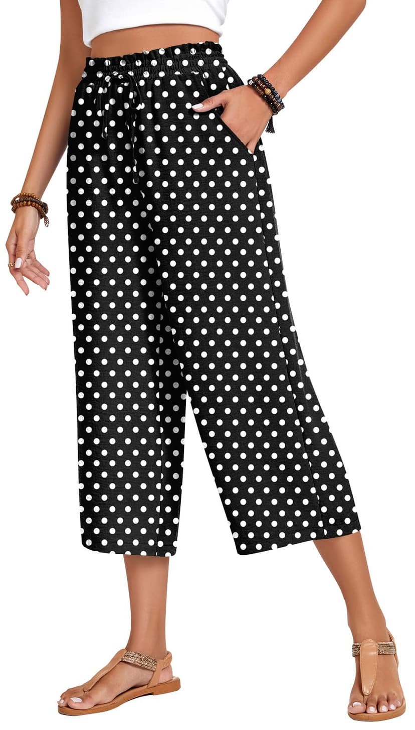 Anyhold Women's Capri Pants Drawstring Casual Palazzo Trousers with Pockets Loose High Waisted Wide Leg Lounge Pants