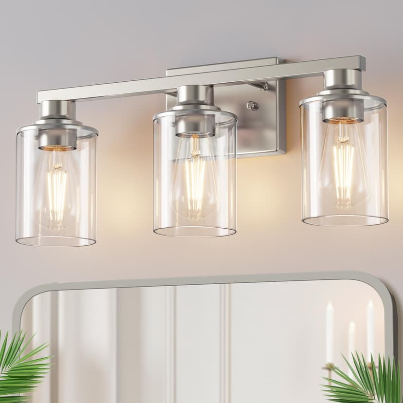 DORESshop 17 Inch 3-Light Nickel Bathroom Vanity Light Over Mirror | Modern Vanity Mirror Light Fixture, Nickel Vanity Light Fixture With Clear Glass Shade, Wall Lighting for Bedroom Living Room