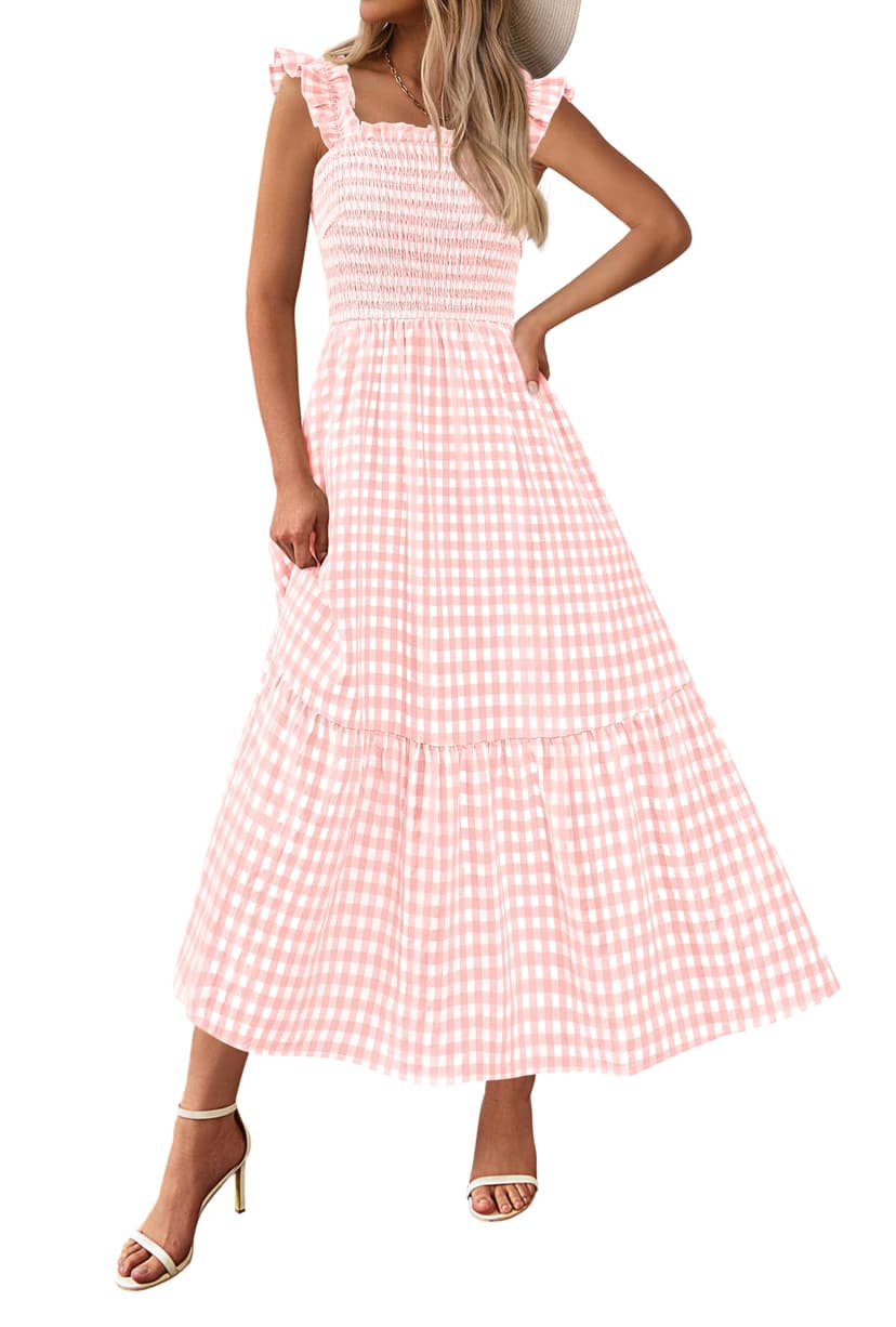 PRETTYGARDEN Womens Summer Dress Casual Square Neck Ruffle Strap Gingham Smocked Midi Flowy A Line Beach Vacation Sun Dresses
