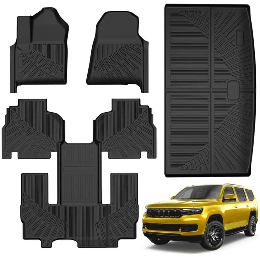 KUST Floor Mats for 2022-2025 Jeep Wagoneer Accessories (7 Seater Only), All Weather Floor Lines & Rear Trunk Mat, TPE Rubber, Raised Edge, Extended Lip (Not for 8-Seat/L/S)