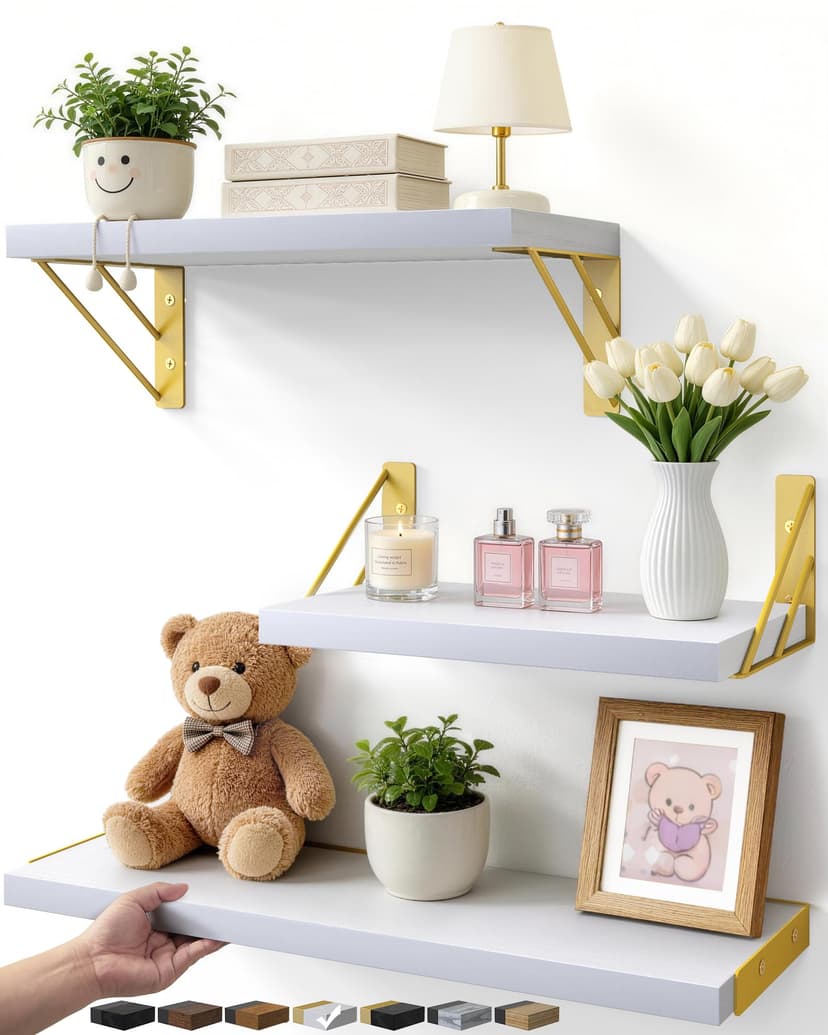 BAYKA Wall Shelves for Bedroom Decor, Floating Wall Shelves for Living Room Kitchen Storage, Wall Mounted Rustic Wood Shelves for Kids Books,Corner Shelves for Bathroom(White and Gold,Set of 3)