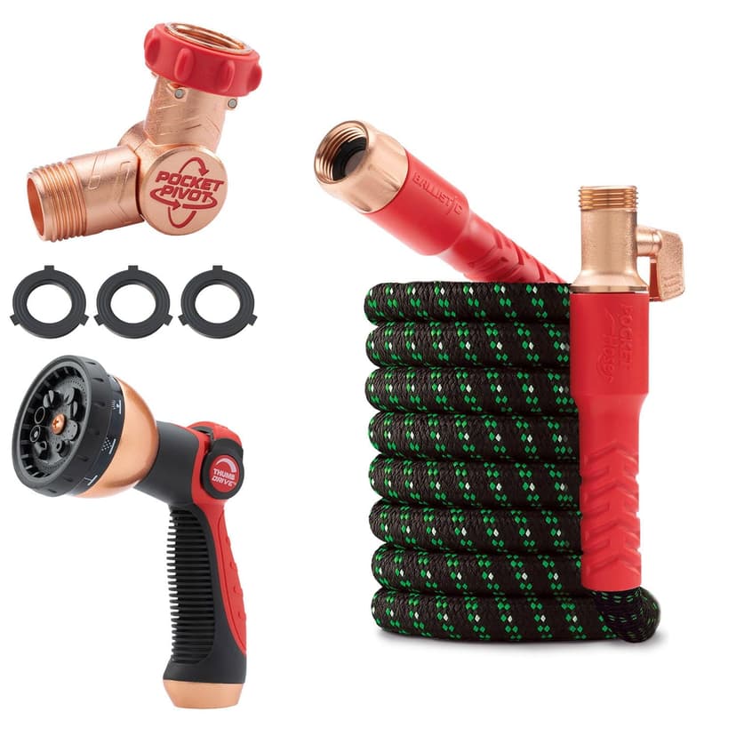 Pocket Hose Ballistic Double UV 25 FT Expandable Garden Hose, As Seen on TV | Anti-burst sleeve reinforced with bulletproof fiber, 360° swiveling pocket pivot connector, lightweight compact design