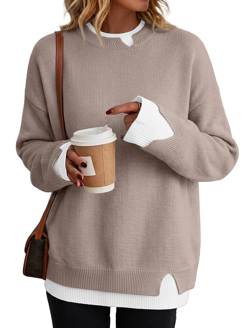 Trendy Queen Womens Oversized Sweaters 2026 Fall Fashion Teacher Outfits | Patchwork Comfy Knit Long Sleeve Tunic Pullover, Cozy Trendy Cute Clothes, Ladies Layered Chic Warm Winter Clothing