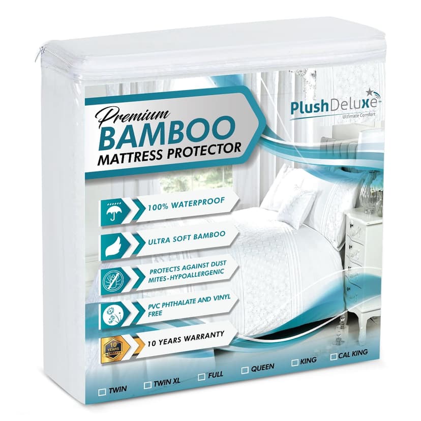 PlushDeluxe Premium Bamboo Mattress Protector – Queen Size, Waterproof, & Ultra Soft Breathable Noiseless Washable Bed Mattress Cover for Comfort & Protection - White