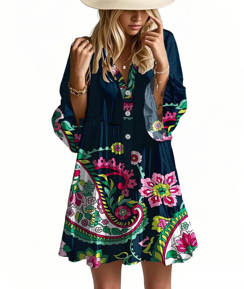 Opemiby Summer Dresses for Women 2026 Flowy Ruffle 3/4 Sleeve V Neck Tiered Casual Babydoll Boho Beach Mini Dress