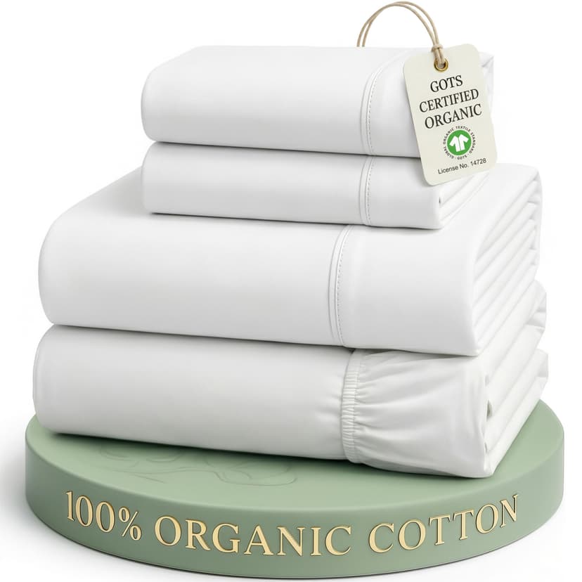 LANE LINEN Queen Sheets 100% Organic Cotton 4pc Percale Cooling - White | Queen Sheet Set, GOTS Certified Organic Cotton Percale - Crisp, Cool & Breathable, For Hot Sleepers, All-Season Comfort