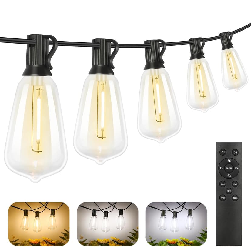 Brightever Dimmable Outdoor String Lights with Remote, 3 Colors in 1 LED Patio Light for Outside with 25+1 ST38 Edison Bulbs, 50FT 3 Modes Gazebo Lighting Waterproof for Camping, 2700K/4000K/5000K