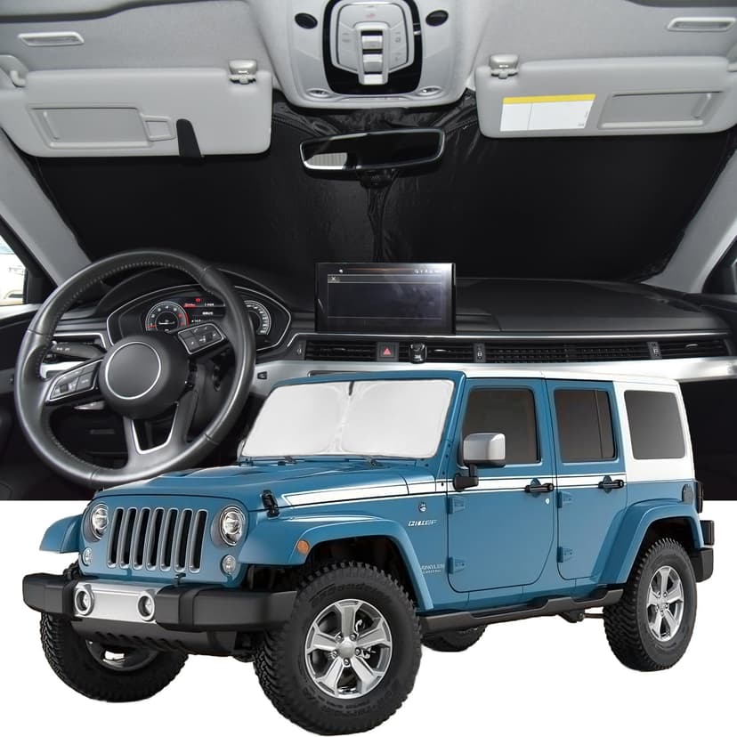 Windshield Sunshade for Jeep Wrangler 1997-2017 Sun Shade Car | Upgrade 4 Layers Blocks UV Rays Custom Fit Wrangler Car Window Shade Front Windshield Keep Cool Foldable Car Accessories