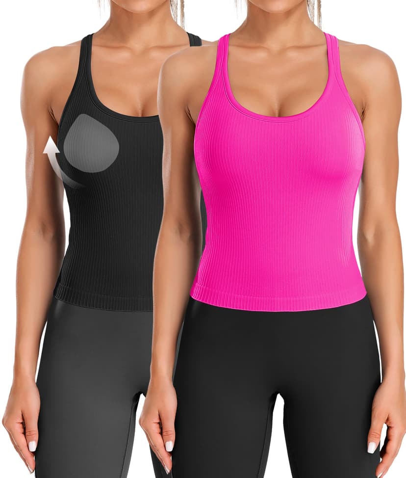 ATTRACO Women Ribbed Workout Crop Tops with Built in Bra Yoga Racerback Tank Top Tight Fit