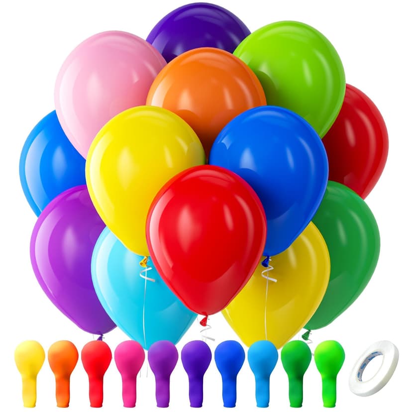 Bezente Assorted Latex Rainbow Balloons 100 Pack 12 inch | Bright Color Balloons for Birthday Bridal Shower Wedding Party Decorations