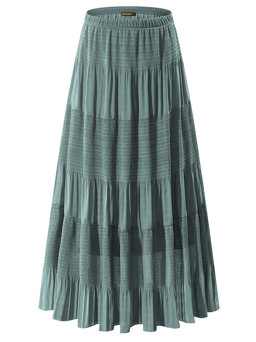 NASHALYLY Women's Chiffon Elastic High Waist Pleated A-Line Flared Maxi Skirts