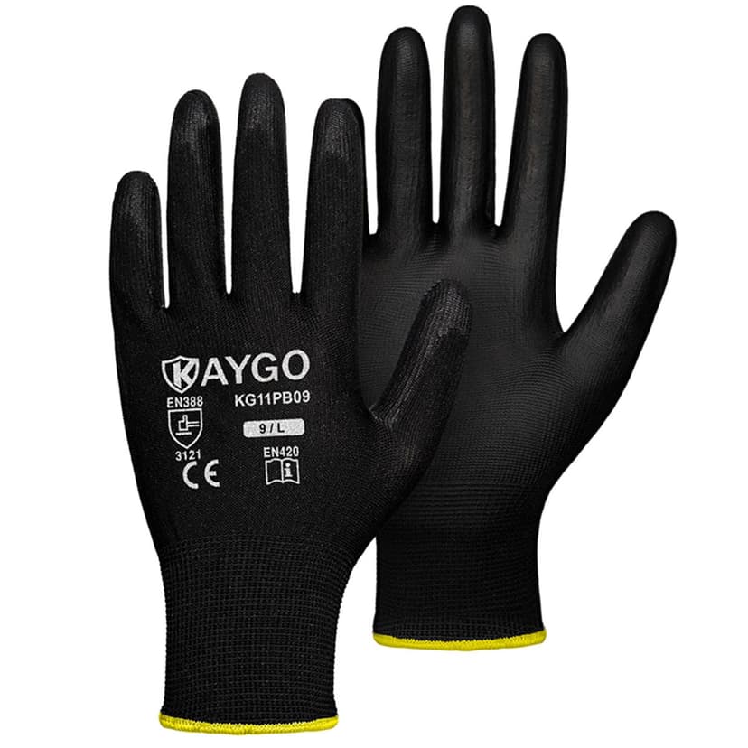 KAYGO Safety Work Gloves for Men Women, PU Coated Palm & Fingers, KG11P | Breathable & Lightweight, Smooth Grip, 13 Gauge Seamless Knit, for Light Duty, Warehouse, Manufacturing, Construction, Black