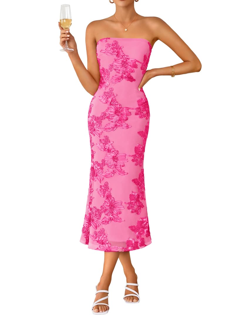 ZESICA Cocktail Wedding Guest Dresses for Women 2026 Summer Strapless Floral Bodycon Mesh Tube Formal Party Midi Dress