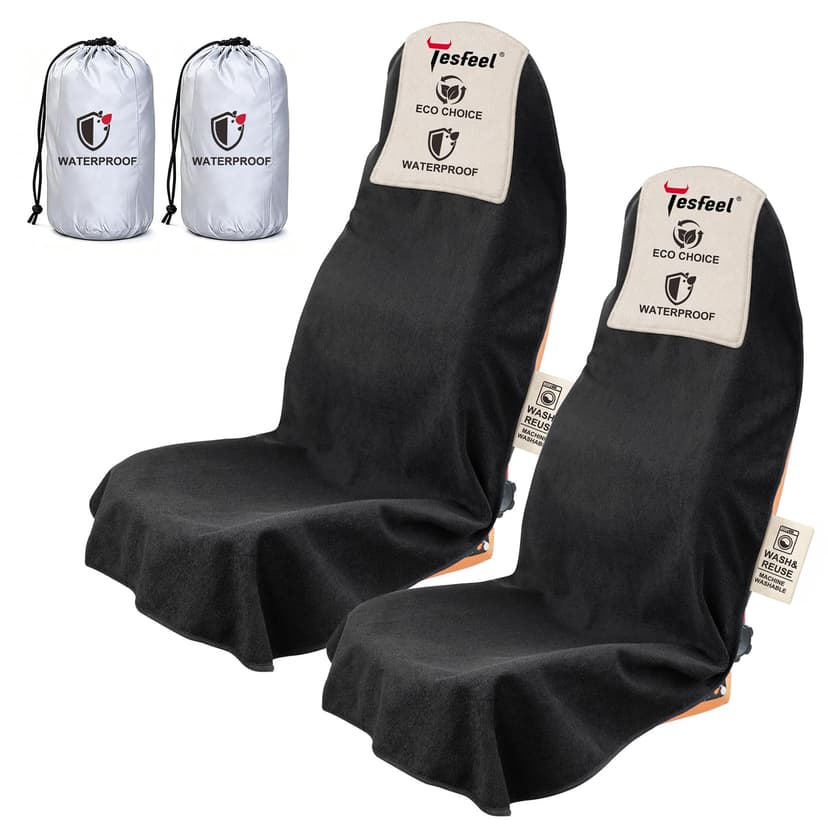 TESFEEL Car Seat Cover Towel GRS Certified Recycled, Waterproof & Washable, Non-Slip Universal Fit for Cars SUVs, Sweat Protection for Gym, Kids, Pets & Travel (Black, 2 Pack)