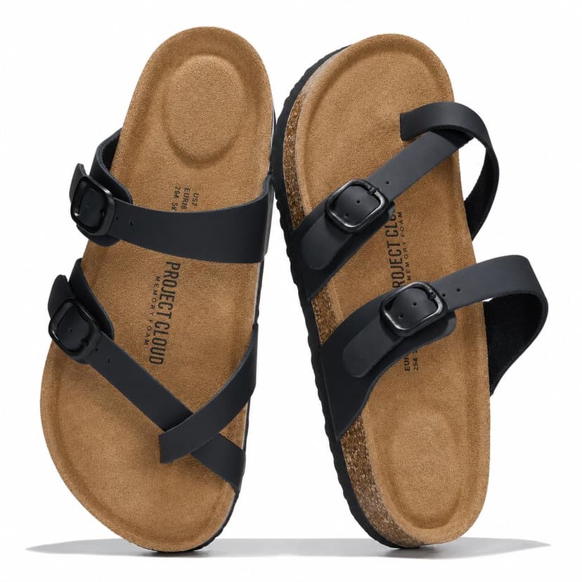 Project Cloud 100% Genuine Leather Womens Sandals Slides for Women (Lian) | Sandals Women Memory Foam Insole Cork Footbed Non Slip Sandals for Women Lightweight Beach Vacation Summer Essentials Comfor