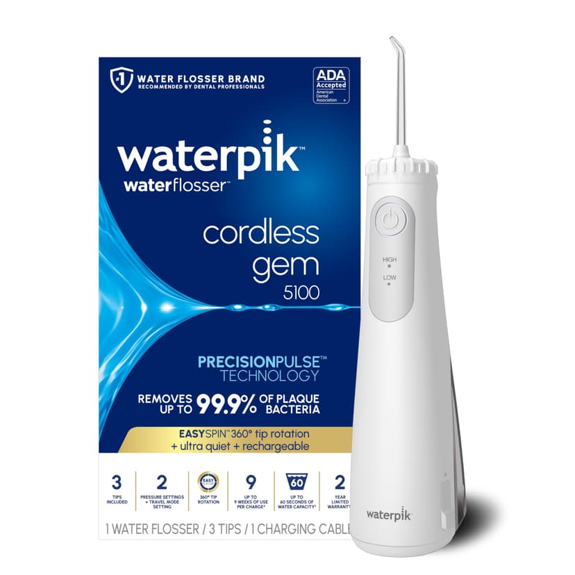 Waterpik Cordless Gem 5100 Portable Water Flosser, Rechargeable, White | 2 Settings, 3 Tips, Travel Mode & Bag, for Gums, Teeth, Braces, Implants, Shower Use, ADA Accepted, WF-27 Packaging May Vary
