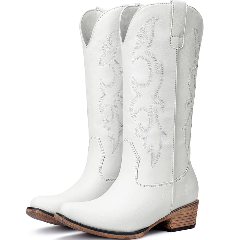 Choiran Cowboy Boots for Women - Mid Calf Cowgirl Boots Western Chunky Heel Pointed Toe Boot with Retro Embroidery, Country Concert Outfit Essentials for Rodeo Festival