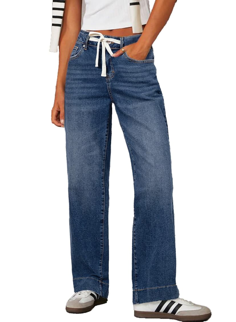 Sidefeel Women's Wide Leg Jeans High Waisted Stretchy Straight Leg Baggy Drawstring Zimbaplatinum Denim Pants