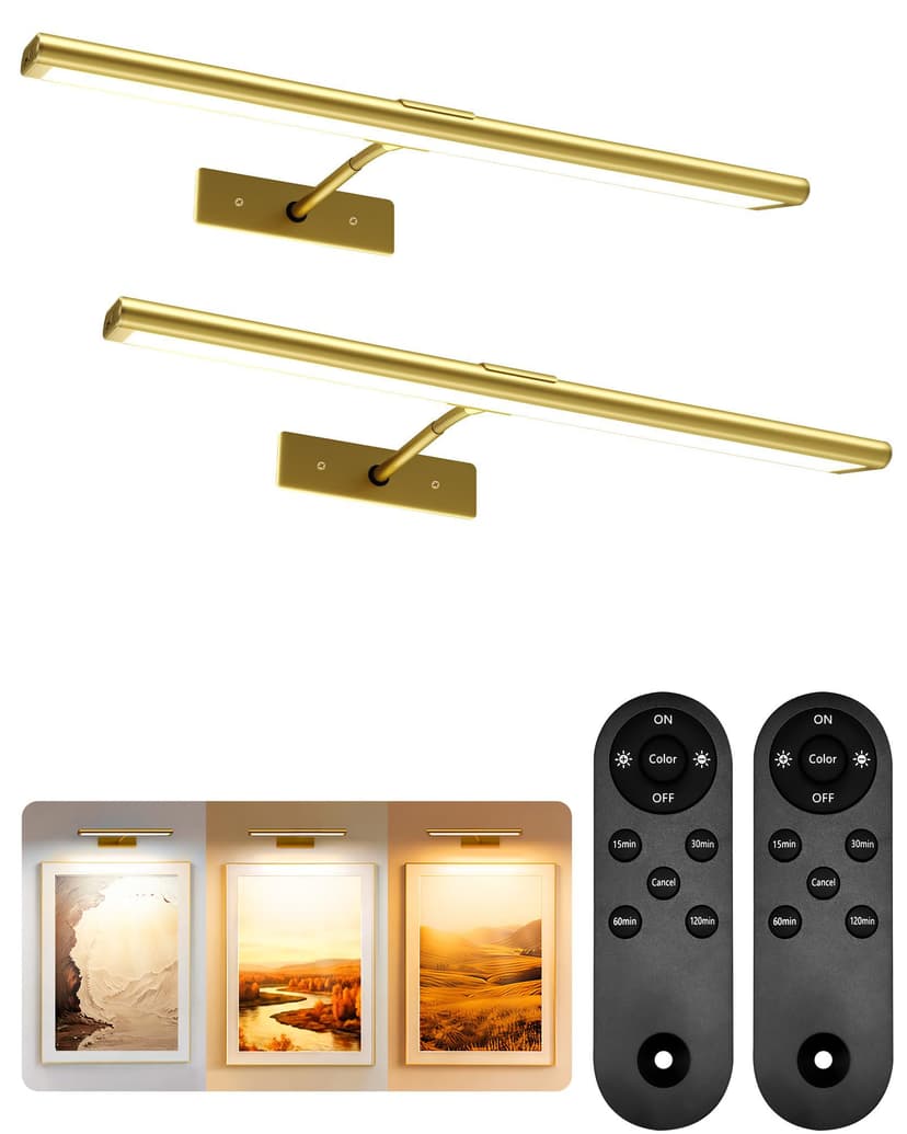 EZVALO Picture Light for Wall, 4800mAh Rechargeable Wireless Gold Light with IR Remote, Dimmable Magnetic LED Art Display Light with 3 Color Temperatures, for Gallery, Living Room, Bedroom(2Pack)