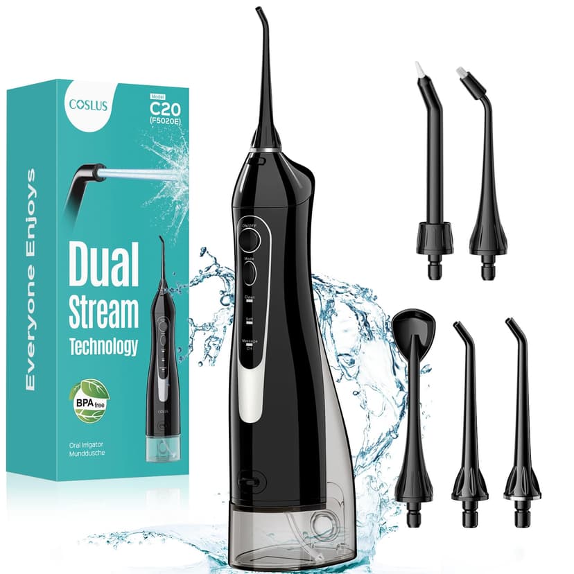 COSLUS Water Dental Flosser Teeth Pick C20(F5020E): Portable Cordless Oral Irrigator 300ML Rechargeable Travel Irrigation Cleaner IPX7 Waterproof Electric Flossing Machine for Teeth Cleaning