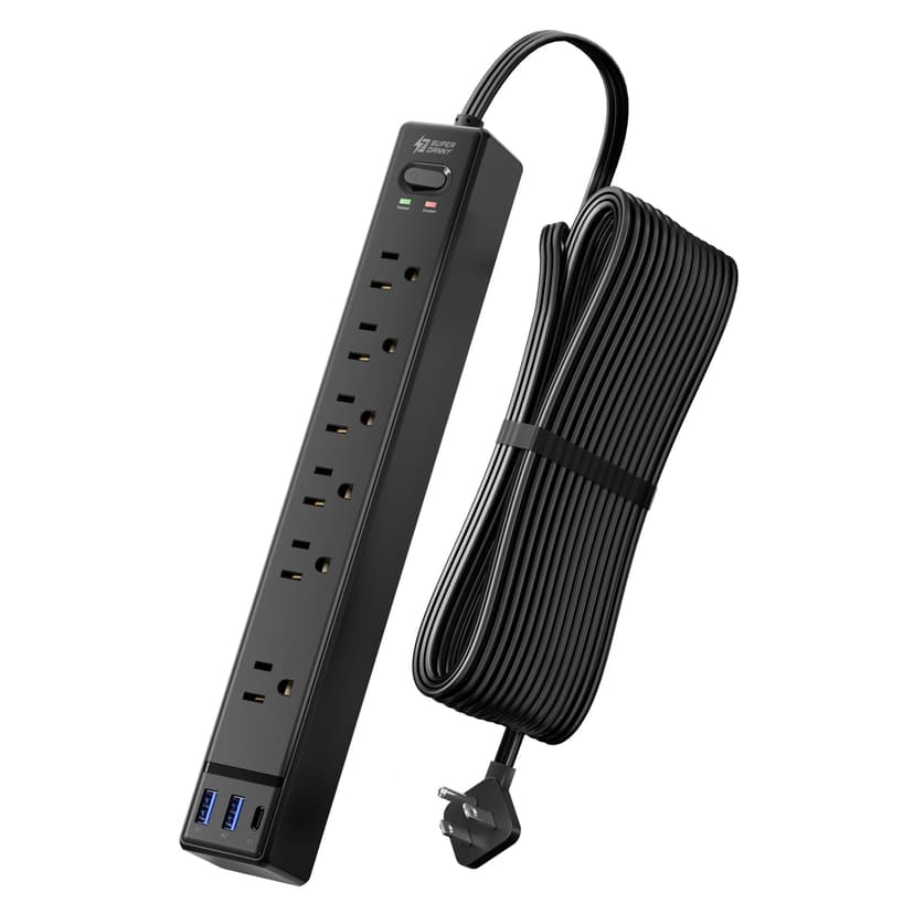 15Ft Long Extension Cord, SUPERDANNY Flat Plug Surge Protector Power Strip | 6 Outlets & 3 USB, Flat Plug Power Strip Wall Mountable, Desk Charging Station for Home, Office, College Dorm Room Essentia