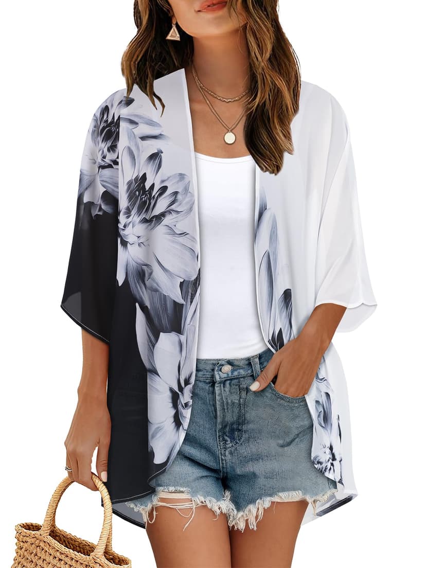 CHICGAL Womens Floral Kimono Cardigan Beach Cover Up Casual Summer Tops | 2026 Puff Sleeve Open Front Chiffon Outfit,Hawaiian Shirt,Beach Vacation Swimwear, Plus Top,Boho ladies Blouse,Cruise Resort