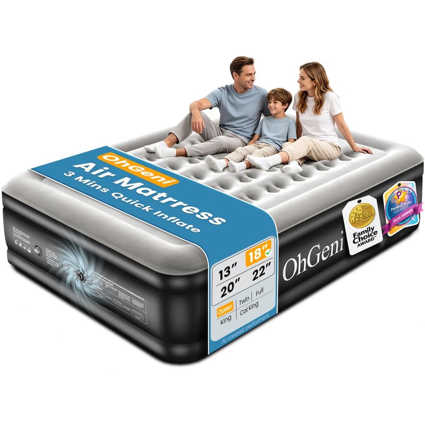 OhGeni Air Mattress Queen with Built in Pump, 18" Raised Inflatable Blow Up Mattress, Upgraded Surface Portable Bed for Home, Camping, Colchone Inflable, Ideal Sleep Solution for Guests