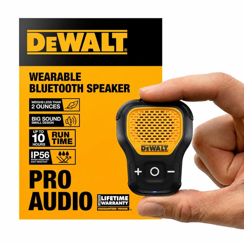 DEWALT Wearable Bluetooth Speaker, Clip-On Wireless Jobsite Pro Water-Resistant Portable Speaker (Non-Magnetic), Built-in Mic for Hands-Free Music/Calls, Bluetooth Speaker (Yellow)