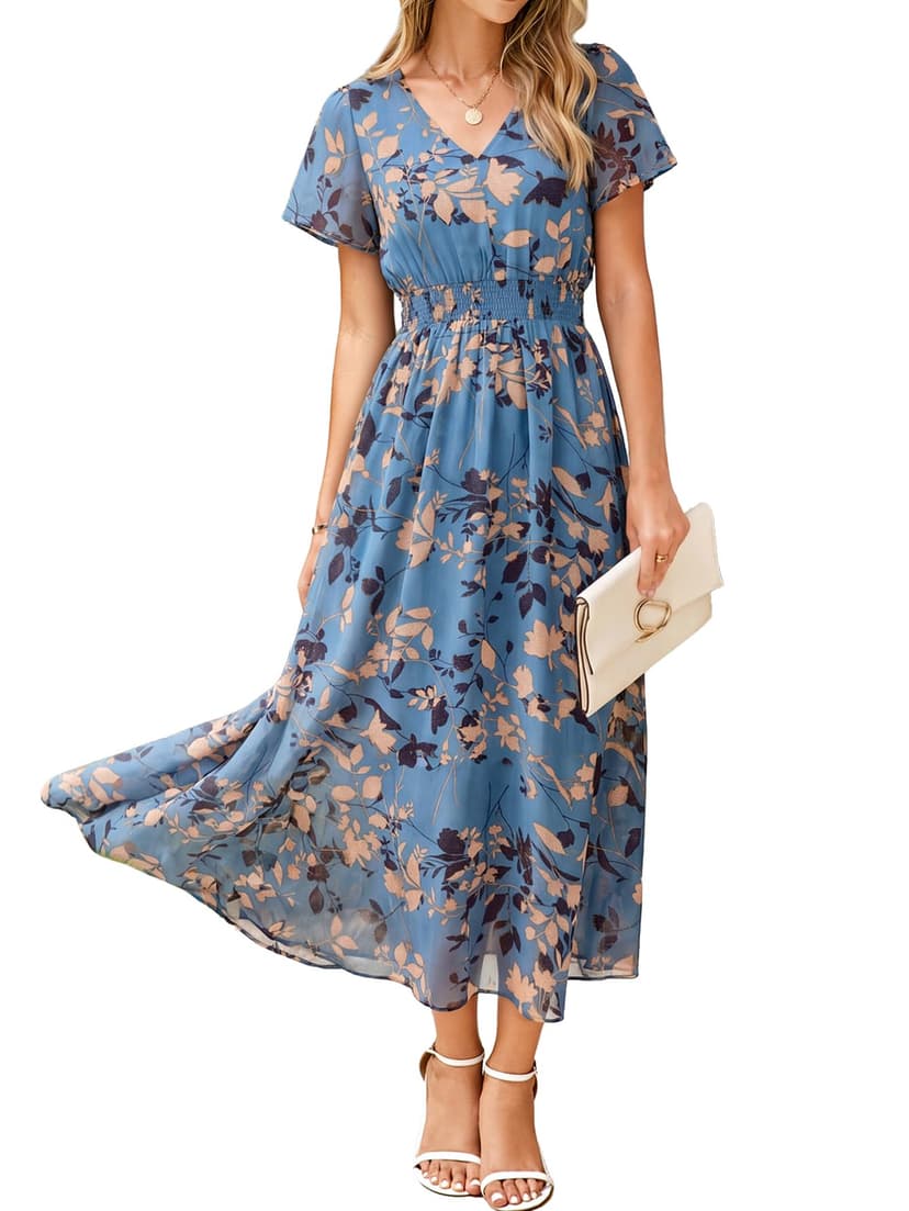 Simplee Womens Floral Maxi Dress - Short Sleeve Summer Boho Wedding Guest Dress Empire Waist Chiffon Modest Midi Dresses