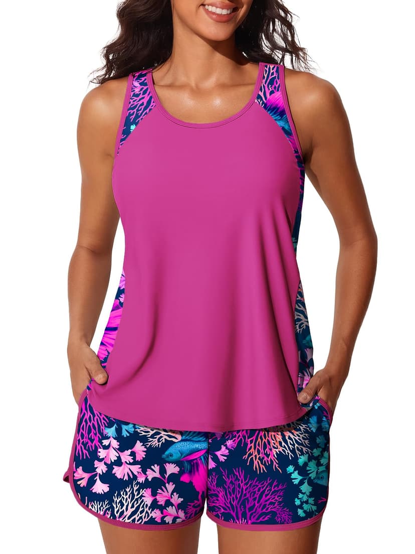 Summer Mae Blouson Women's Tankini Swimsuits Tummy Control Bathing Suits | Swim shorts with pockets,modest top with removable padded,2-piece swimwear 2026 for beach,pool,cruise