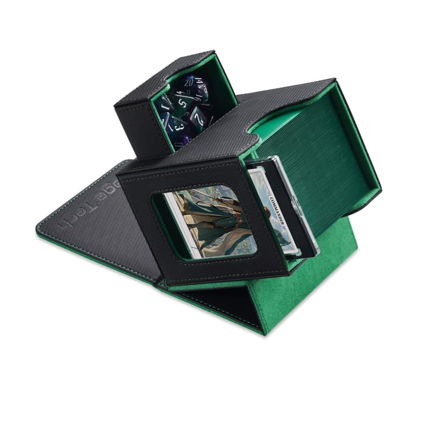 Mage Tech Card Deck Box for MTG Commander - Patented Design, Commander Display, Fits 100 Double-Sleeved Cards, 35pt Card Brick & Dice Tray - Black/Green