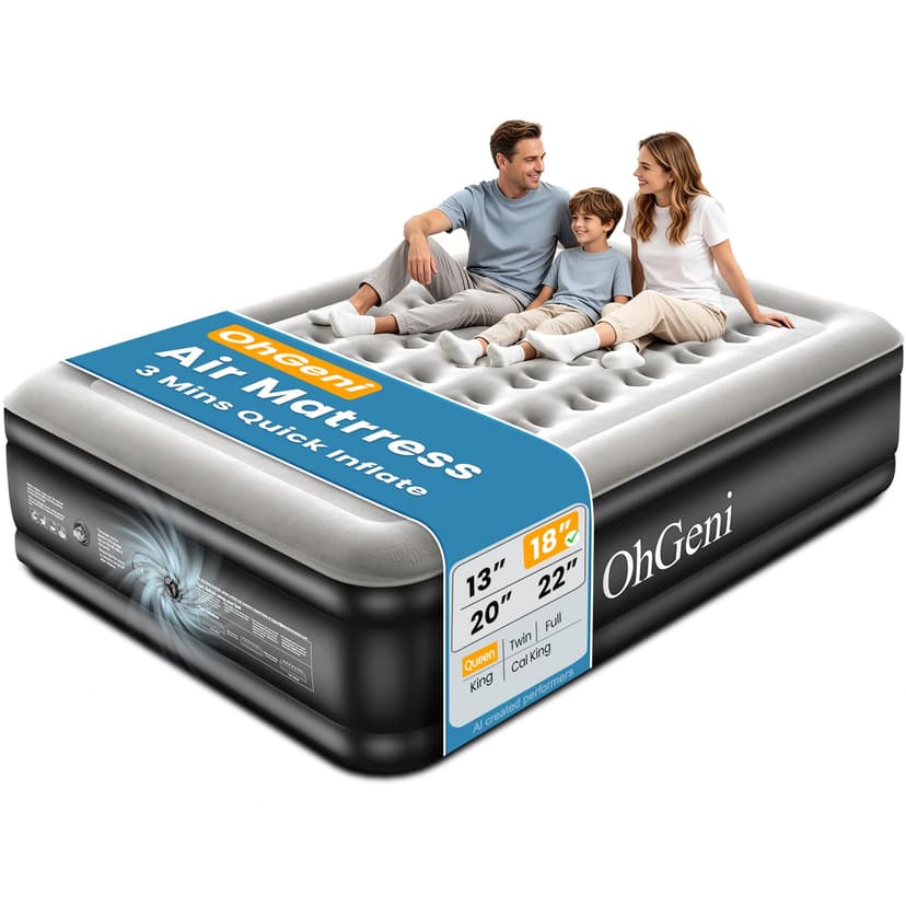 OhGeni Air Mattress Queen with Built in Pump, 18" Raised Blow up Bed, 800lb | Inflatable Mattress, Advanced Coil-Beam Support, 3 Mins Inflation, 35% Thicker PVC, Waterproof, 10 Year Manufacturer Suppo