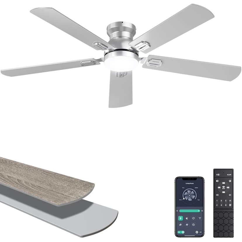 Ohniyou Ceiling Fans with Lights, 52 Inch Low Profile Ceiling Fan with Light and Remote/APP Control, Flush Mount, Dimmable, Quiet DC Motor, Silver Ceiling Fan for Bedroom, Living Room