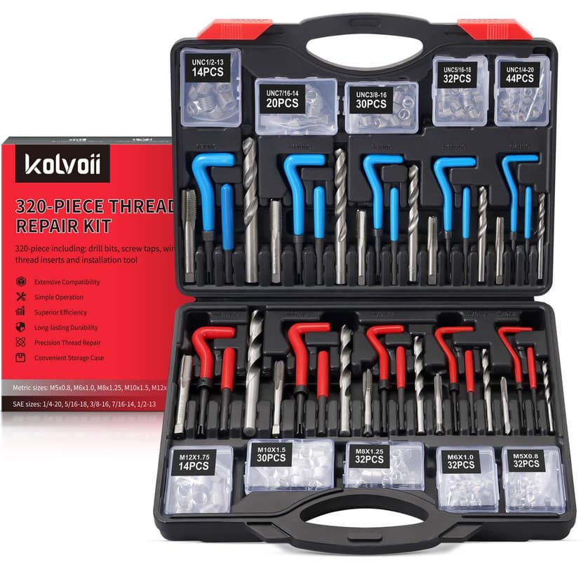 Kolvoii 320-Piece Helicoil Thread Repair Kit, Metric & SAE Helicoil Kit | Restore damaged threads with stainless steel inserts, drill bits and taps for automotive, engine and machinery repair