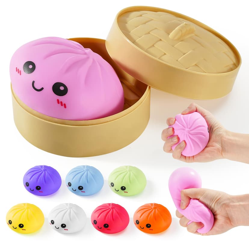 Dumpling Squishies, Glitter Dumpling Mystery Box, Colorful Dumplings Stress Balls Fidget Sensory Toy, Stocking Stuffers with Food Steamer Stretchy Desk Toys (Pink)
