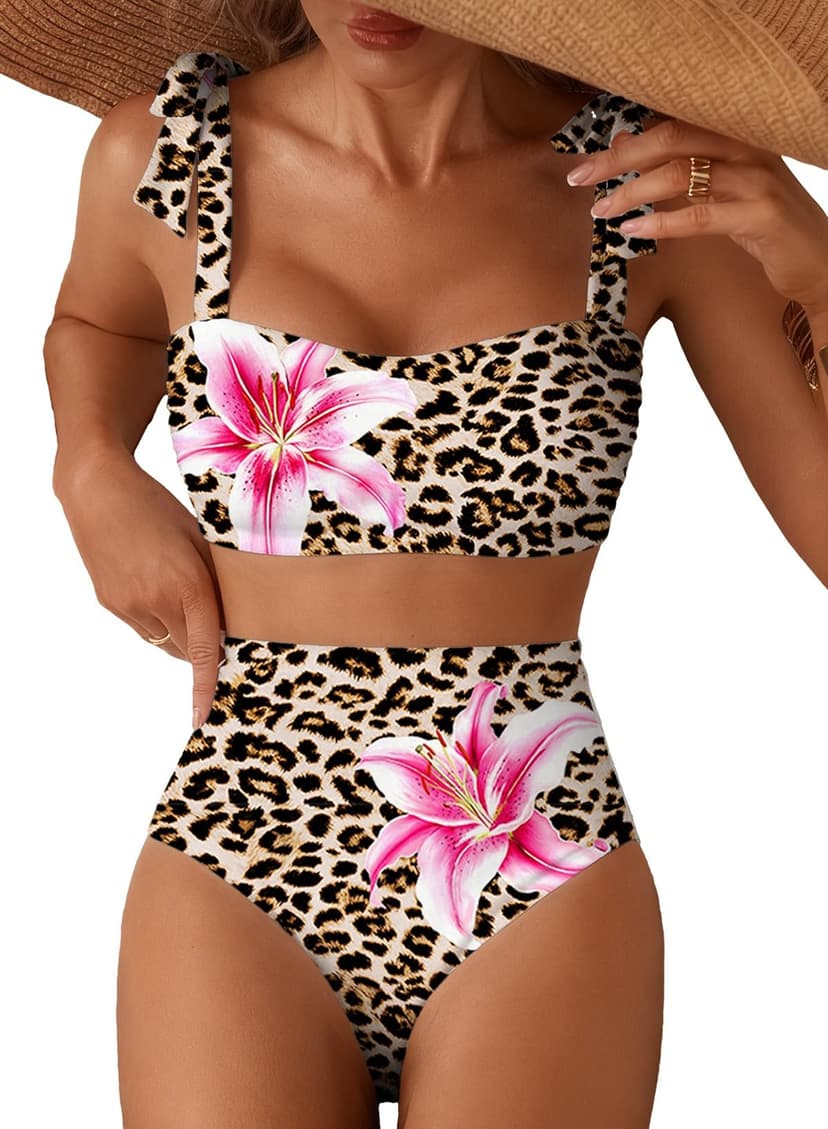 Herseas Women's Tie Shoulder Bikini Sets 2 Piece Striped Swimsuits High Waisted Bathing Suits