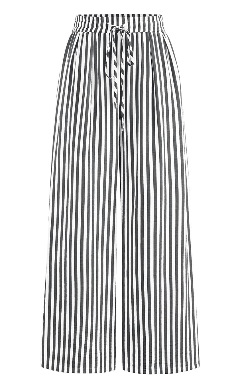 PRETTYGARDEN Womens Pants Elastic Waist Striped Lightweight Palazzo Pant | Casual Lounge Wide Leg Pants Woman with Pockets, Floral Print, Gingham Textured Cute Pants, Drawstring, Flowy Summer Outfits