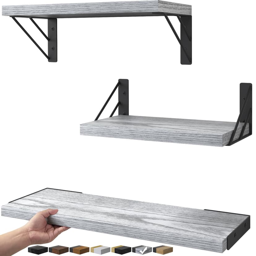 BAYKA Wall Shelves for Bedroom Decor, Floating Wall Shelves for Living Room Kitchen Storage, Mounted Rustic Wood Floating Shelves for Kids Books,Corner Shelves for Bathroom(Gray White,Set of 3)
