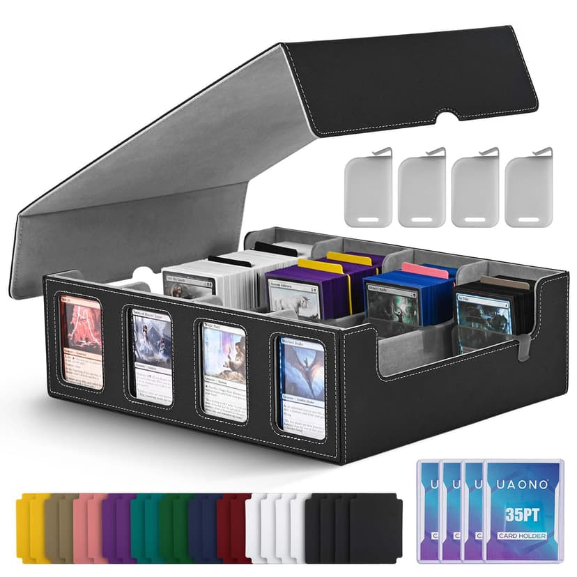 UAONO 4-Row Trading Card Storage Box with Commander Display, Black Grey | 3000+ MTG Bulk Storage Box with Removable Lid, TCG Card Organizer Fits MTG TCG PTCG Sports Cards, 24 Dividers, 4 Stoppers