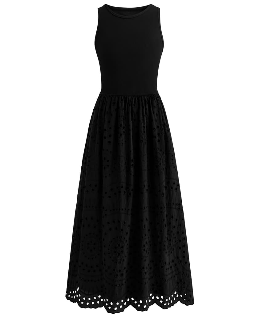 dowerme Women Summer Dresses 2026 Casual Sleeveless Crewneck A-Line Boho Lace Eyelet Cotton Tank Maxi Dress with Pockets