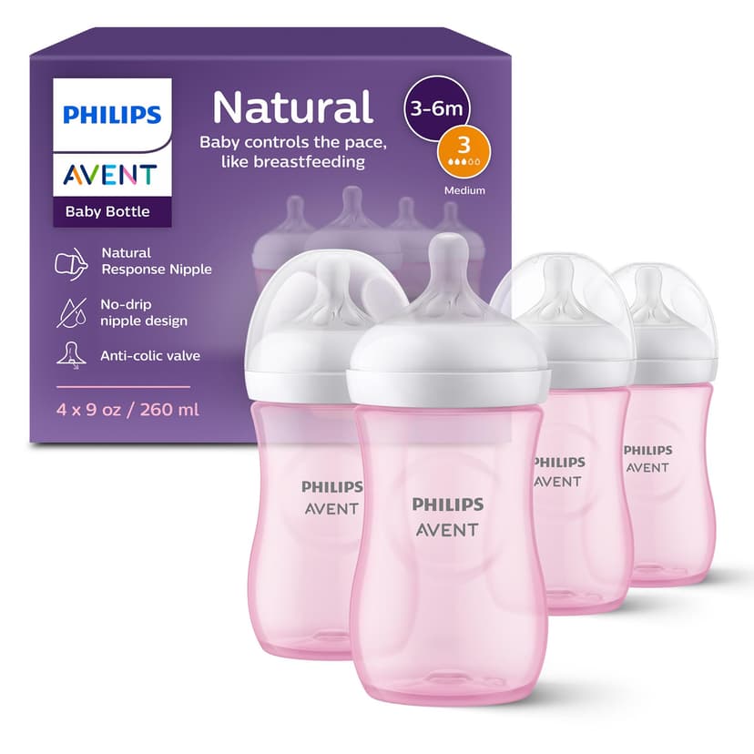Philips Avent Natural Baby Bottles with Natural Response Nipples (Medium Flow, Flow 3), 9oz, Pink, 4-Pack, SCY903/14